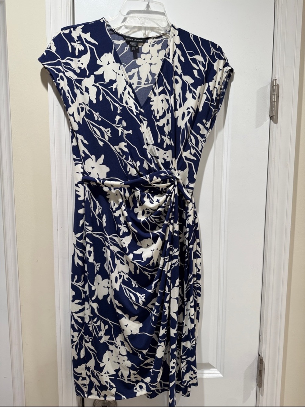 Maggy London Navy and White Floral Wrap-Style Midi Dress